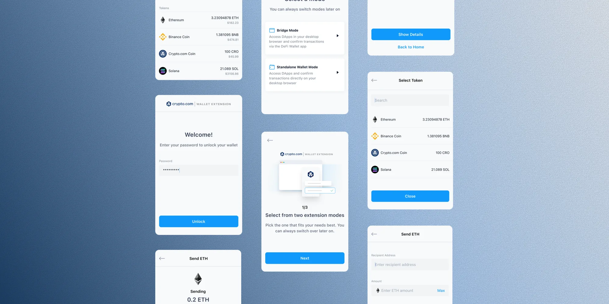 A collage of the shipped extension screens: unlock, wallet home, send flow, onboarding mode selection, and token selection