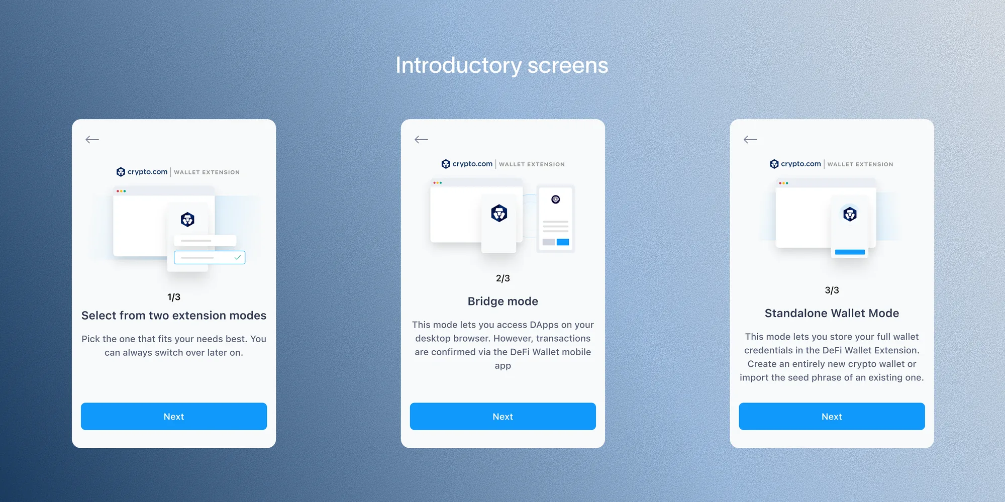 Three onboarding screens: selecting between Bridge and Standalone modes, then an explanation screen for each