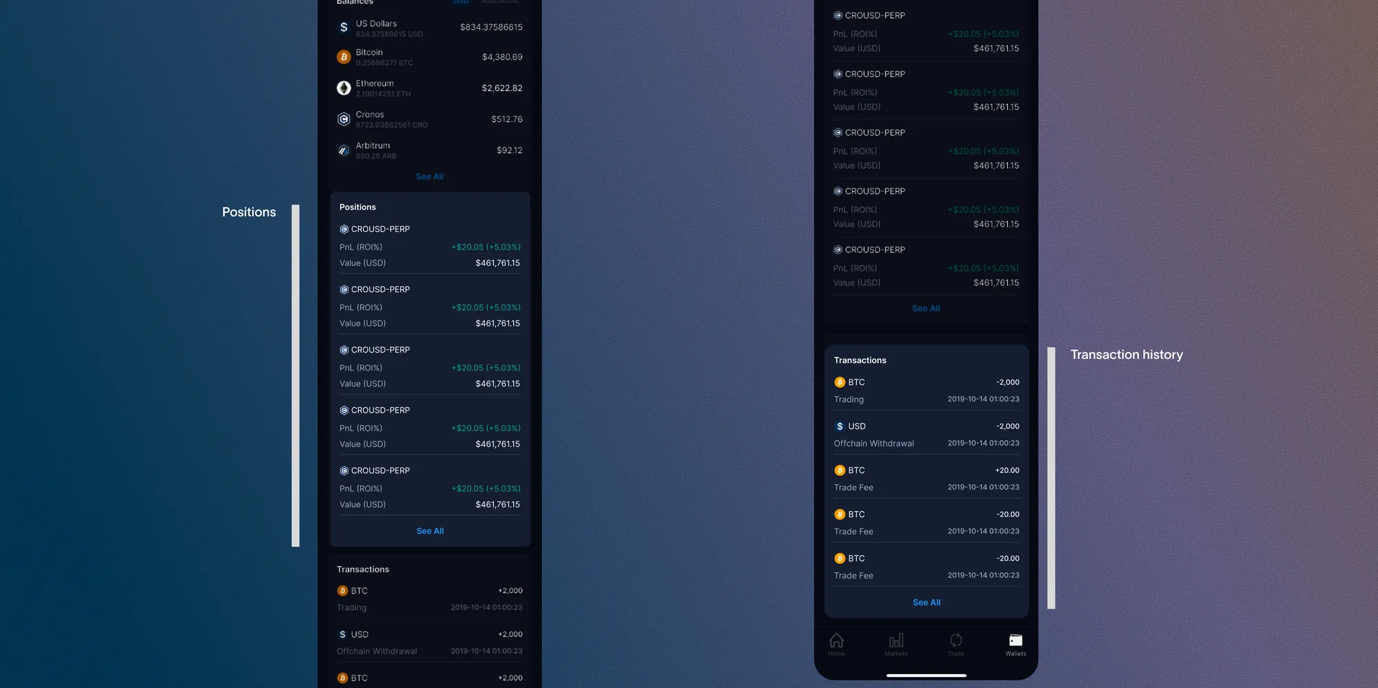 Positions and transaction history sections consolidated into the wallet tab, showing PnL and value per position alongside recent transactions
